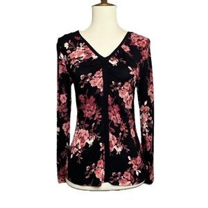Apt. 9 Shirred Front Long Sleeve Top Black Floral Size S Petite NWT